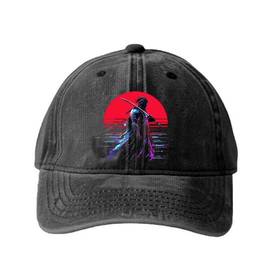 Cyberpunk Samurai Warrior Under Neon Moon Washed Denim Baseball Caps