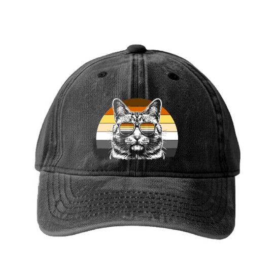 Cool Bear Pride Cat with Sunglasses Retro Sunset Washed Denim Baseball Caps