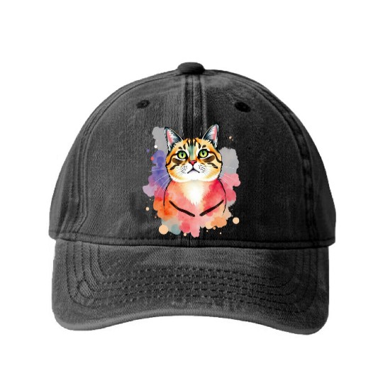 Elegant Watercolor Cat Washed Denim Baseball Caps – Artistic Cat Love