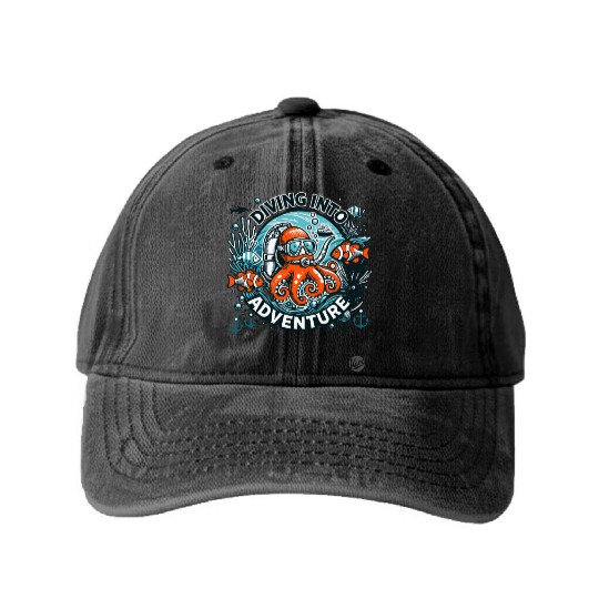 Diving Into Adventure – Octopus Diver Washed Denim Baseball Caps