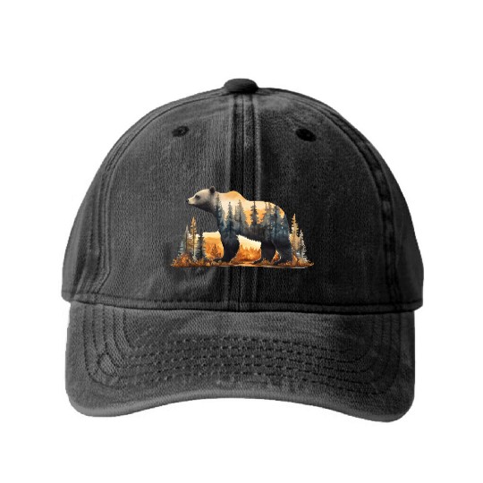Grizzly Bear Watercolor Illustration Washed Denim Baseball Caps