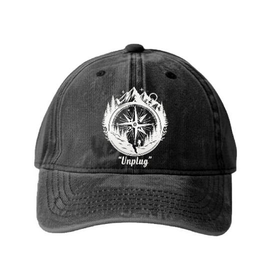 Compass Mountains Hiker, Unplug Nature Adventure Washed Denim Baseball Caps
