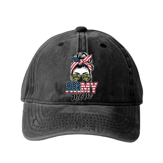 Proud Army Mom Graphic US Flag Military Family Washed Denim Baseball Caps