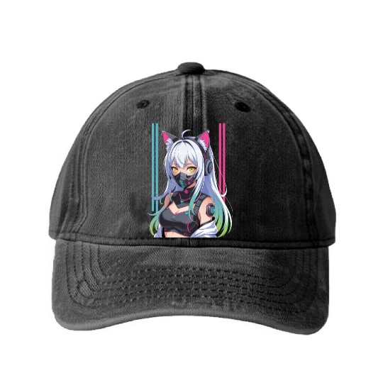 Futuristic Cyberpunk Girl Washed Denim Baseball Caps
