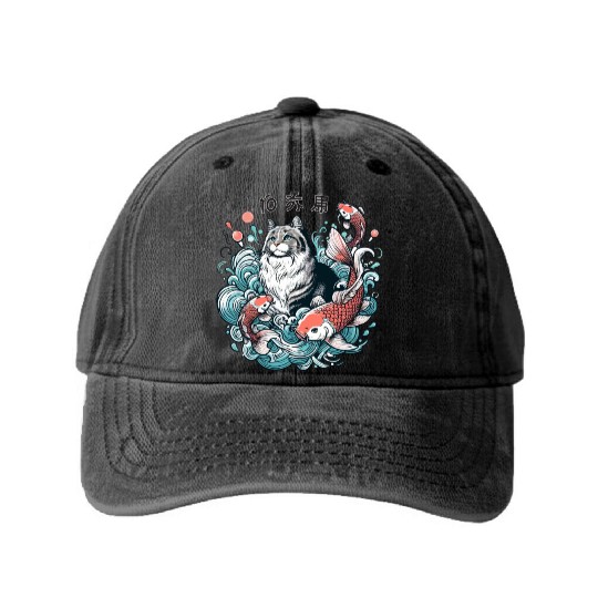 Flow with Grace - Majestic Cat & Koi Fish Washed Denim Baseball Caps