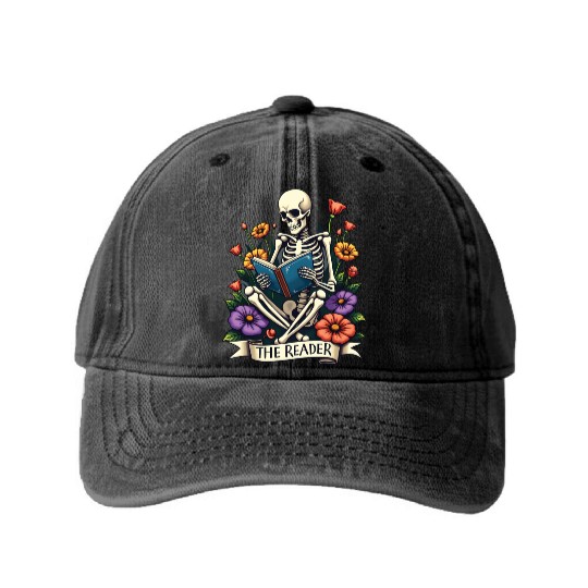 The Reader Tarot Card Skeleton Reading a Book Washed Denim Baseball Caps