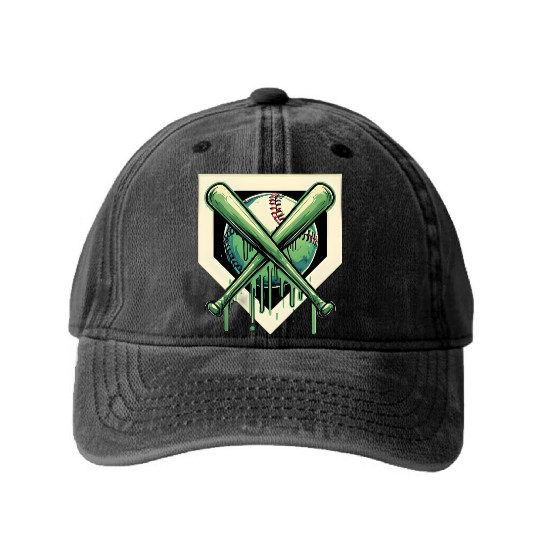 Baseball and Bat Dripping Green Washed Denim Baseball Caps