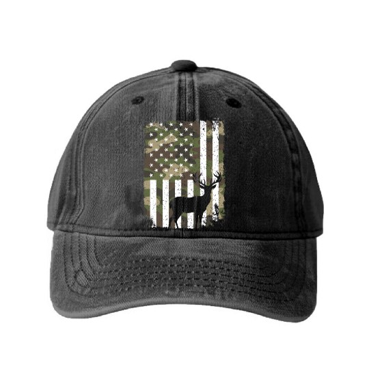 Deer Buck Hunting Camo US Flag Hunter Camouflage Washed Denim Baseball Caps