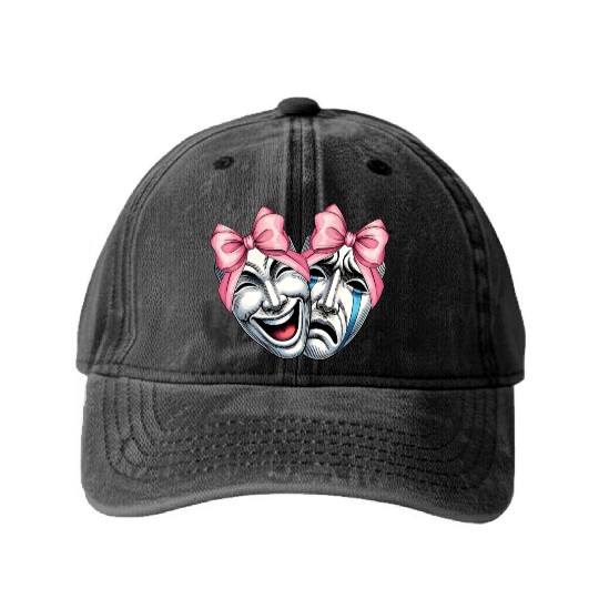 Coquette Bow Theatre Mask Drama Comedy Artist Girl Washed Denim Baseball Caps