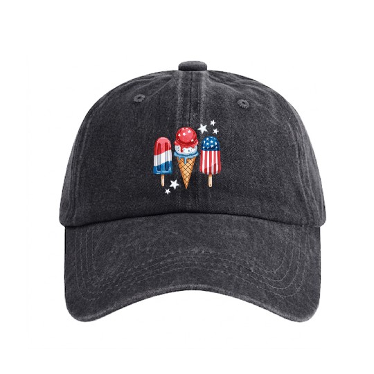 Patriotic Ice Cream and Popsicles with Stars Washed Denim Baseball Caps