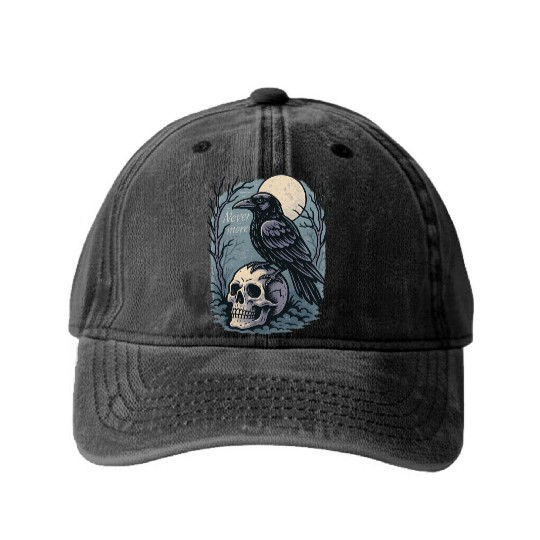 Nevermore Raven Skull Gothic Poe Poetry Washed Denim Baseball Caps