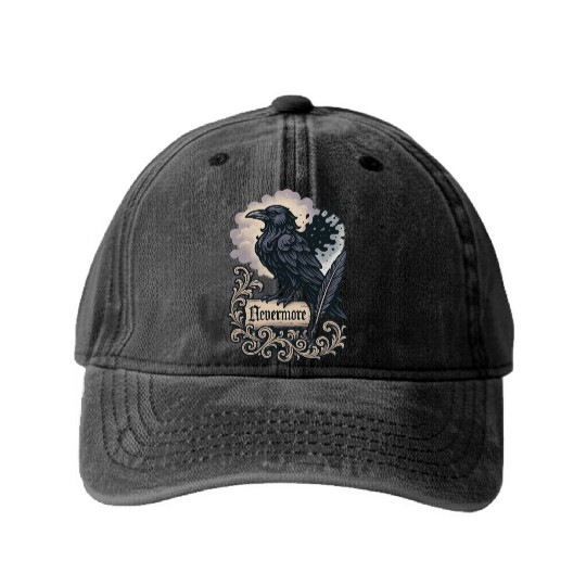 Baroque Raven Nevermore Scroll Poe Poetry Washed Denim Baseball Caps