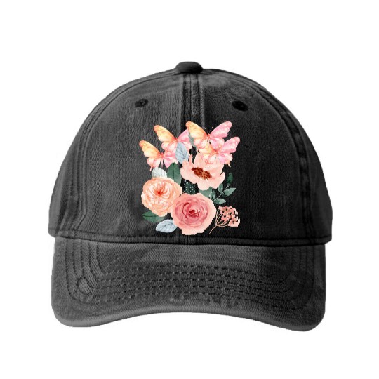 Graphic floral butterflies Washed Denim Baseball Caps