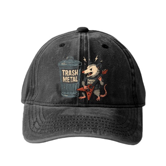 Funny Opossum Thrash Metal Guitar Vintage Pun Washed Denim Baseball Caps