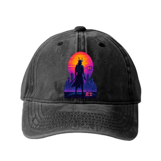 Neon Samurai - Cyberpunk Warrior Art Washed Denim Baseball Caps
