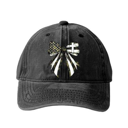 Coquette Bow Cross Faith Camouflage US Flag Pride Washed Denim Baseball Caps