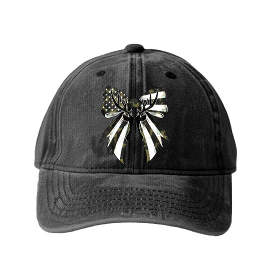 Coquette Bow Deer Hunting Camouflage US Flag Pride Washed Denim Baseball Caps