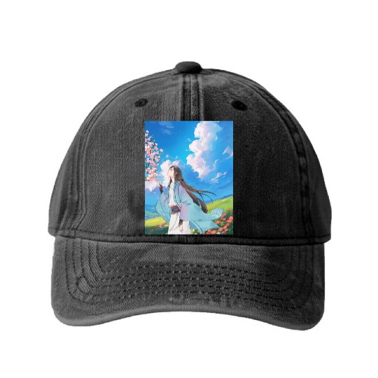 Serene Blossom Anime Aesthetic Washed Denim Baseball Caps