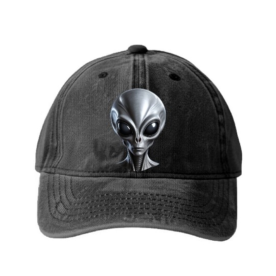 Real Grey Alien with a big head Washed Denim Baseball Caps