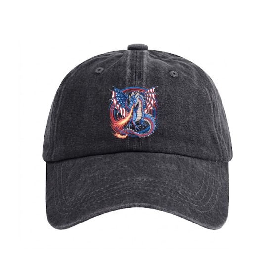 Patriotic American Flag Dragon Breathing Fire Washed Denim Baseball Caps