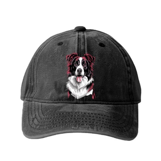Border Collie Portrait in Vibrant Detail for Dog Washed Denim Baseball Caps