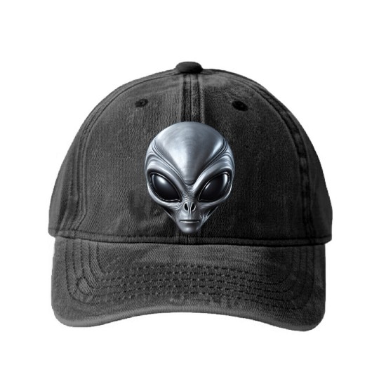 Small Grey Alien Extraterrestrial ET Being Washed Denim Baseball Caps