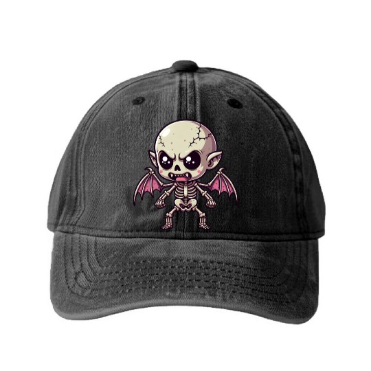 Cute Vampire Skeleton – Bat-Winged Monster Washed Denim Baseball Caps
