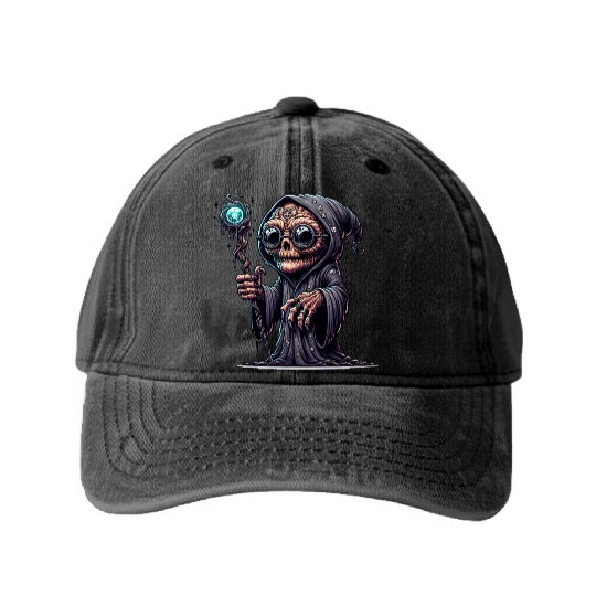 Cosmic Skull Wizard – Creepy Arcane Sorcerer Washed Denim Baseball Caps