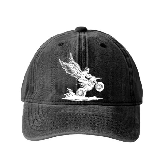Winged Dirt Bike Rider Soaring Adventure Washed Denim Baseball Caps
