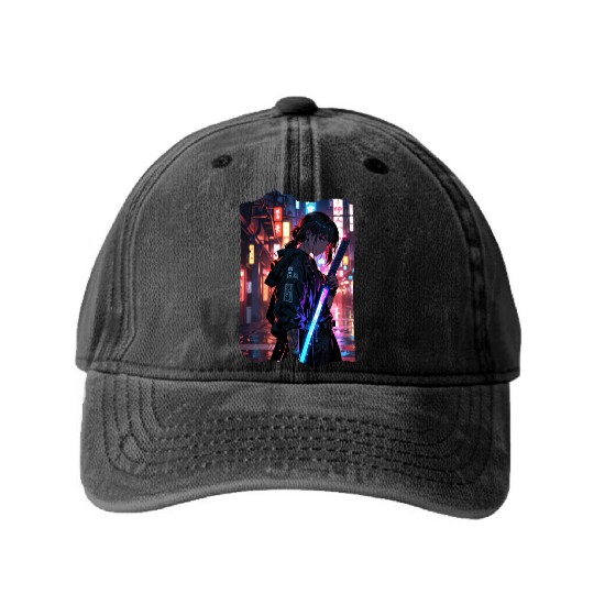Cyberpunk Samurai Girl Washed Denim Baseball Caps