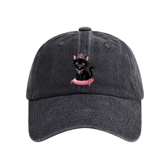 Royal Black Cat with Tiara and Jewels on Pink Washed Denim Baseball Caps