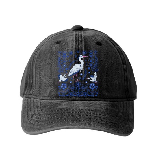 Great Blue Heron Folk Art Washed Denim Baseball Caps