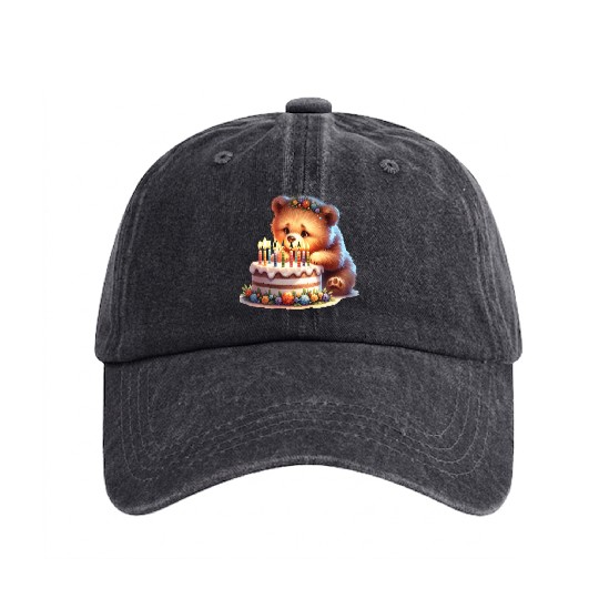 Birthday Bear – Cute Candle Cake & Floral Crown Washed Denim Baseball Caps