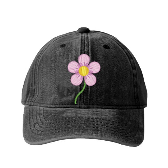 Cute Pink Embroidered Flower Illustration Washed Denim Baseball Caps