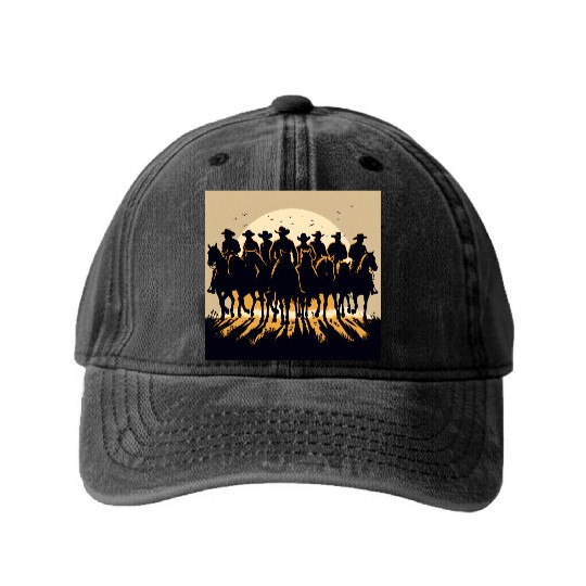 Western Sunset Cowboy Scene Washed Denim Baseball Caps