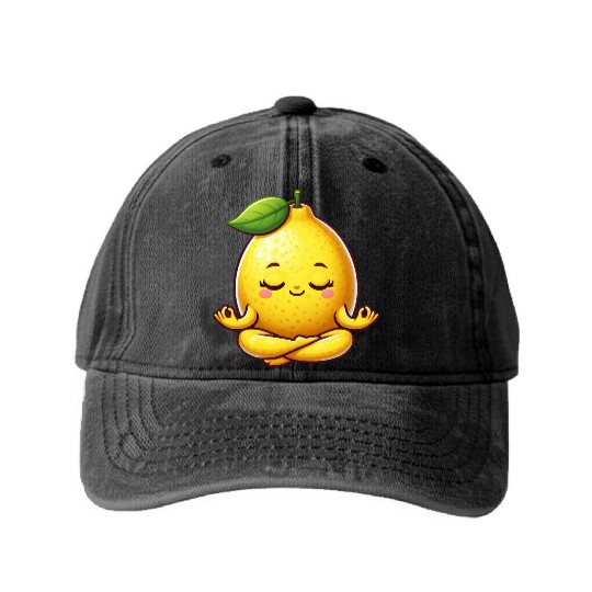 Cute lemon yoga meditation relaxation cartoon Washed Denim Baseball Caps