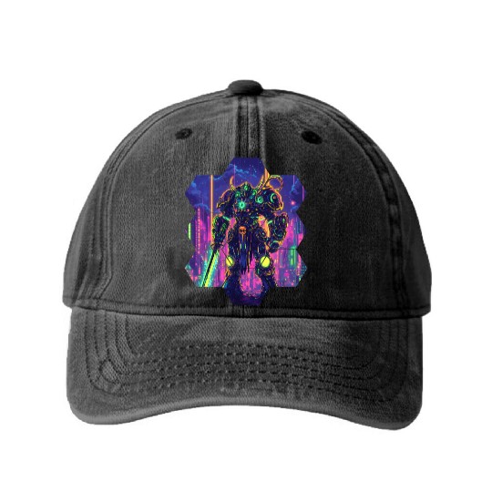 Bright Sci Fi Warrior In Neon Colors Washed Denim Baseball Caps