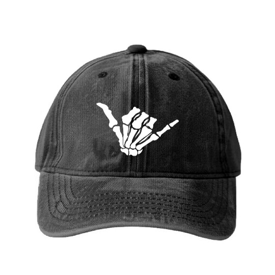 Skeleton Shaka Hand – Bone Hang Loose Washed Denim Baseball Caps