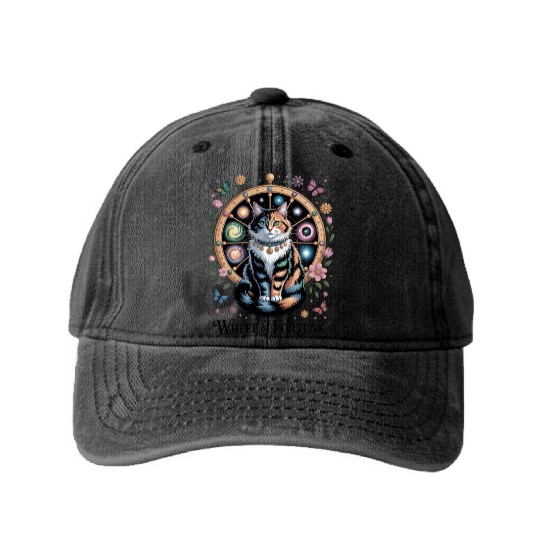 Wheel of Fortune Tarot Cat Art Washed Denim Baseball Caps