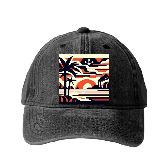 Twilight Palm & Factory Scene Washed Denim Baseball Caps