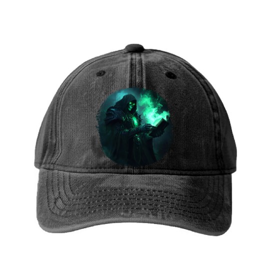 Green Shadow Mage with Burning Spell Book Washed Denim Baseball Caps