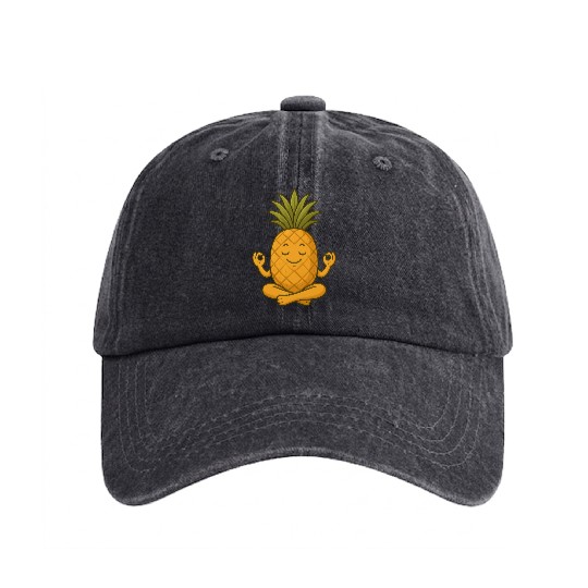 Cute pineapple yoga meditation relaxation cartoon Washed Denim Baseball Caps