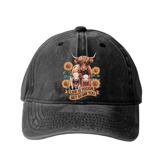 Highland Cow LIFE IS TOUGH Washed Denim Baseball Caps