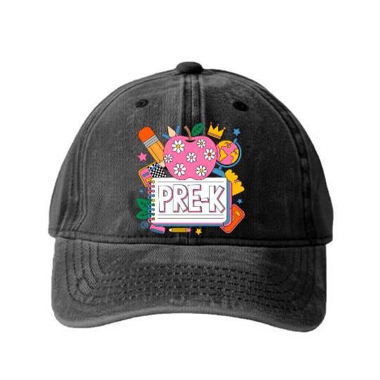 Pre K Teacher Back To School Apple Notebook Washed Denim Baseball Caps