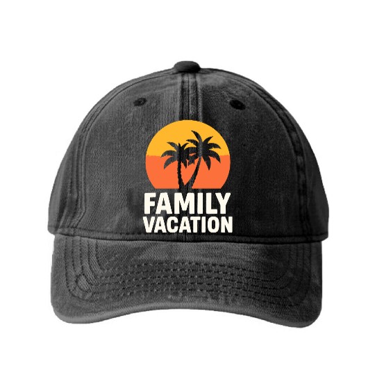 Family Vacation Palm Trees Sunset Beach Washed Denim Baseball Caps