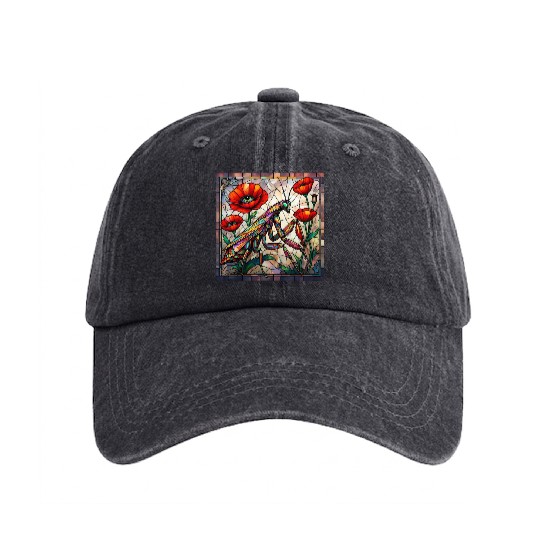 Praying mantis stained glass vibrant poppy flower Washed Denim Baseball Caps