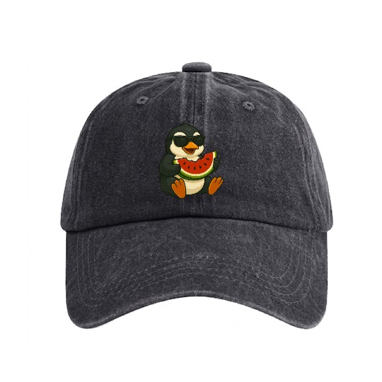 Cute penguin with watermelon fruit summer cartoon Washed Denim Baseball Caps