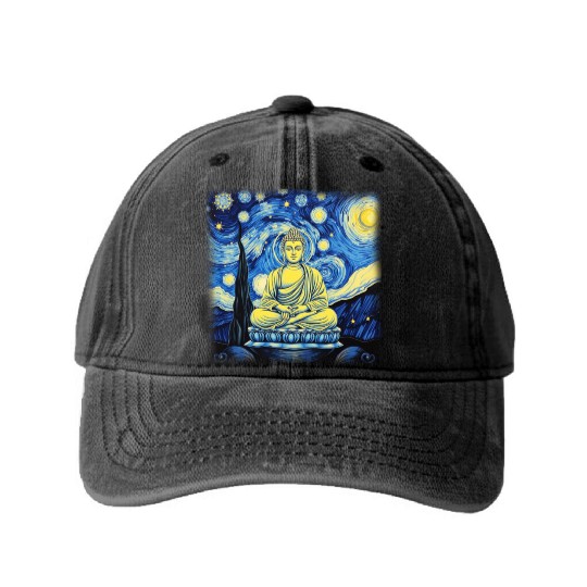 Starry Night Buddha Zen Art Inspired by Van Gogh Washed Denim Baseball Caps