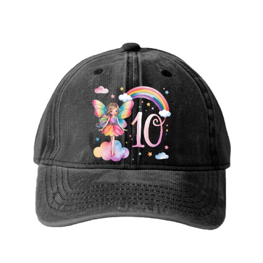 Magical Rainbow Fairy Elf 10th Birthday Girl Washed Denim Baseball Caps