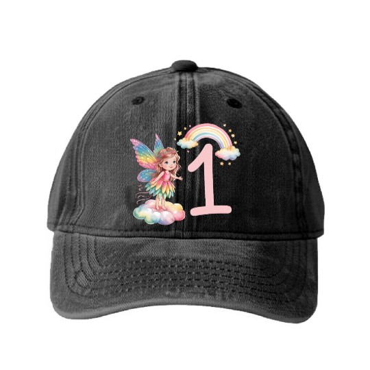 Magical Rainbow Fairy Elf 1st Birthday Girl Washed Denim Baseball Caps